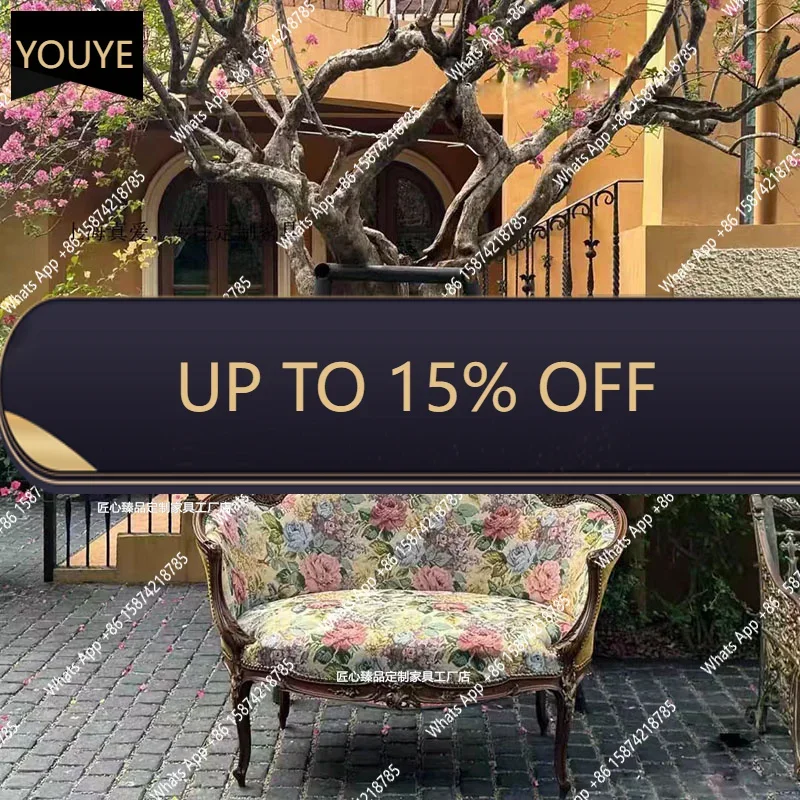 XX YX French Retro Solid Wood Double Three-person Sofa Fabric Printing American Pastoral Carving Leisure Studio Sofa Chair