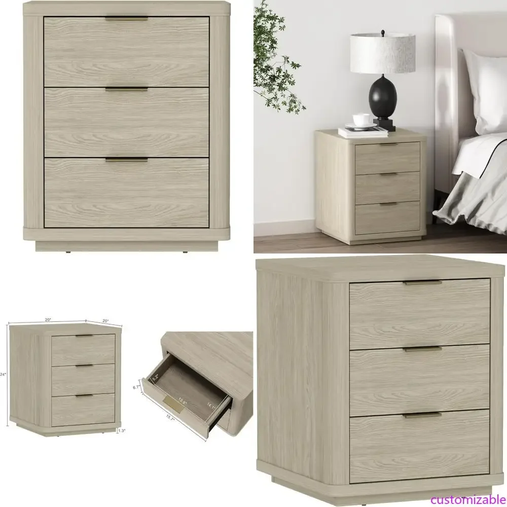 

Современная прикроватная тумбочка Evelyn с 3 ящиками, полным выдвижением, натуральная отделка