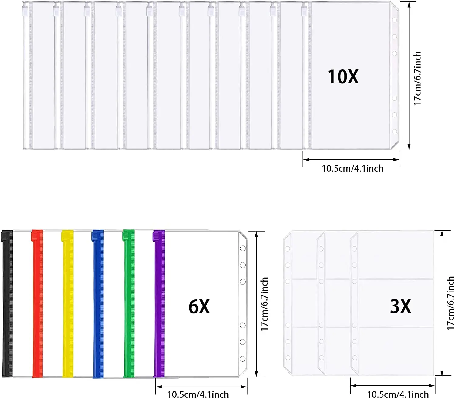 19 Pcs A6 Binder Folder 6 Holes Pvc Transparent Zipper Pockets, Colorful, Card, Waterproof Budget Envelope, for Notebook Planner