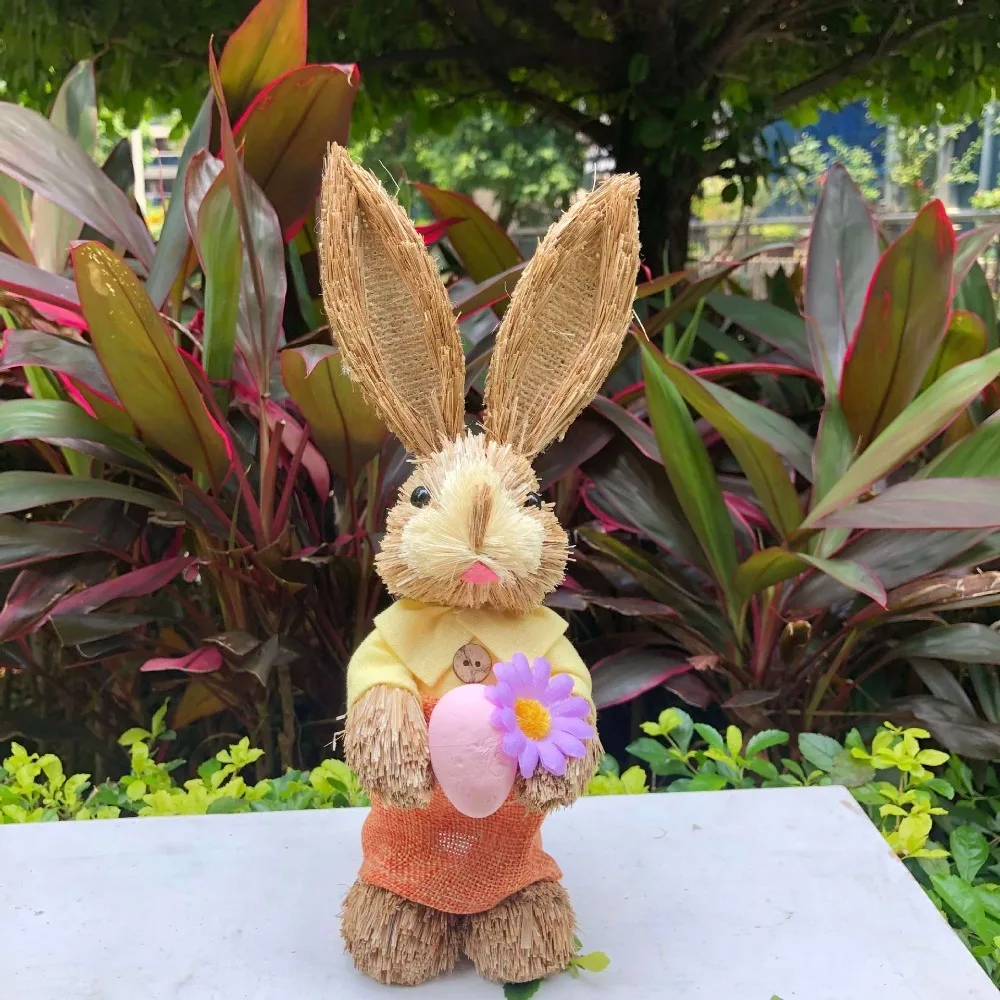 Cute High-25cm Straw Rabbits Handmade DIY Landscape Rabbit Statue Gift Hand Weave Garden Statues Easter Party
