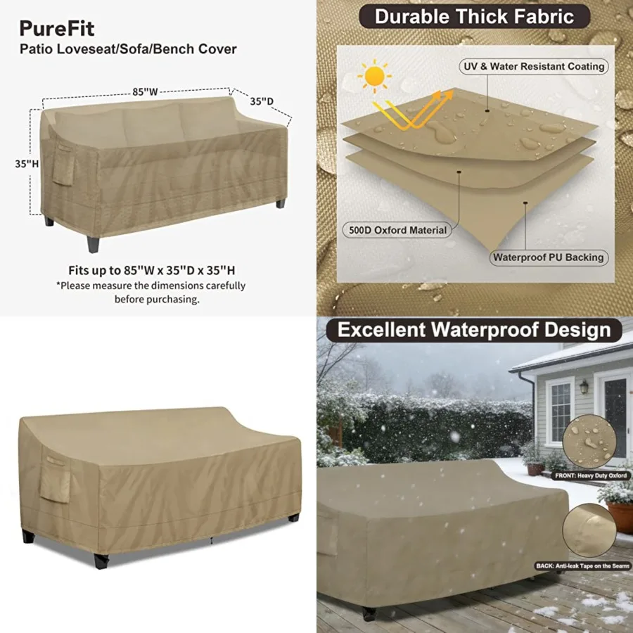 

Outdoor Couch Cover Waterproof Patio Sofa Furniture Covers, 3-Seater Outdoor Cover with Air Vent and Handles, 85W x 35D x 35H I