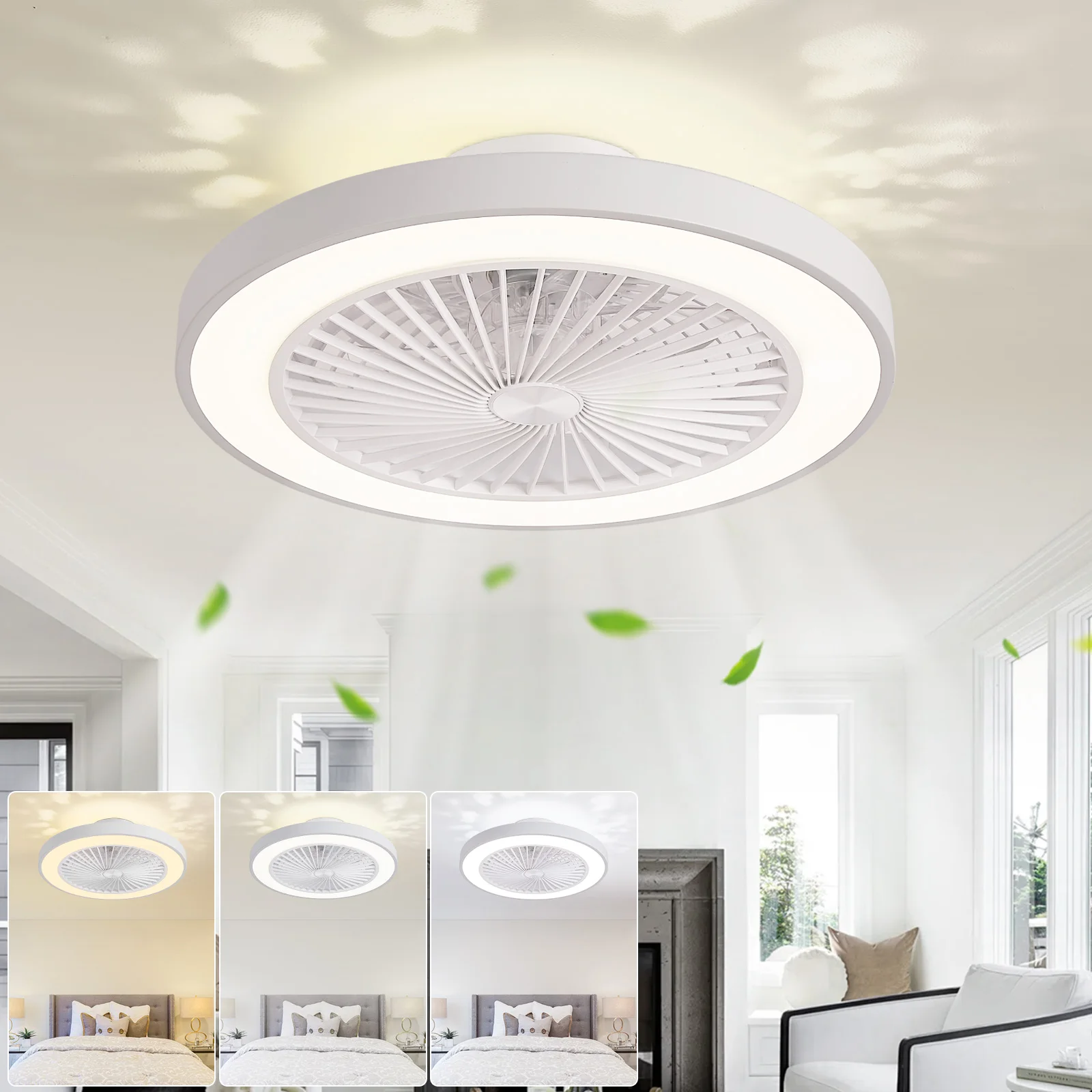 Ventilatori da soffitto a basso profilo con luci, ventilatore da soffitto moderno senza pale, luci a LED con temperatura di colore regolabile a 3 livelli, ventilatori silenziosi a 6 velocità con