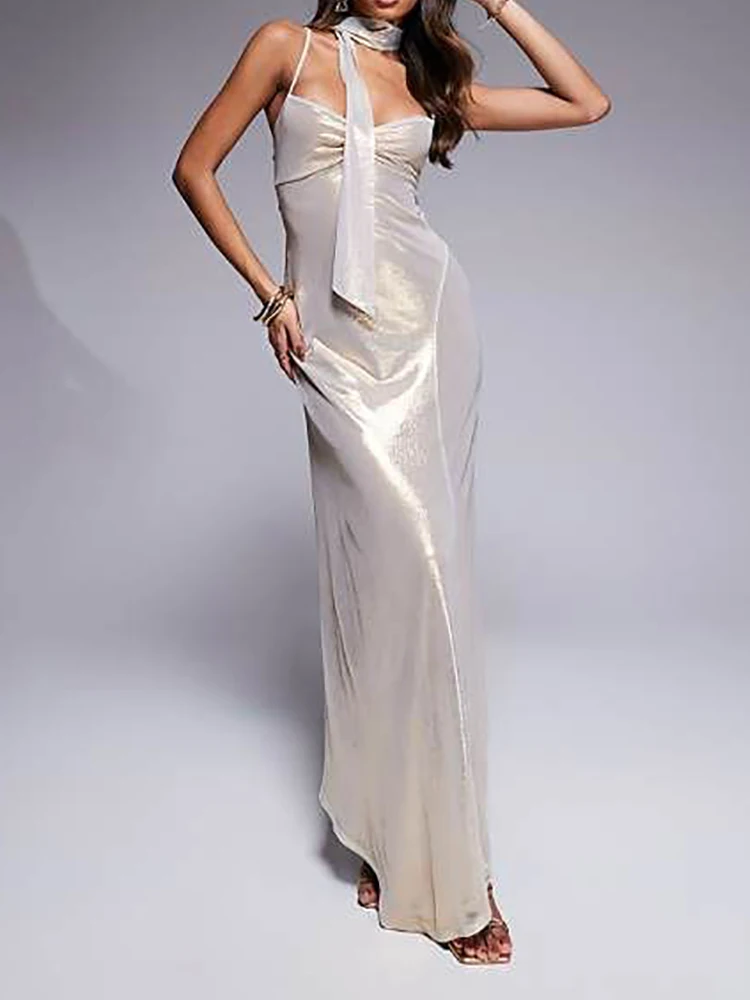 Vestido de noche elegante con lentejuelas y cuello Halter para mujer, vestido largo sexi con tirantes sin mangas para fiesta, vestido femenino a la moda con lazo y cordón en el pecho