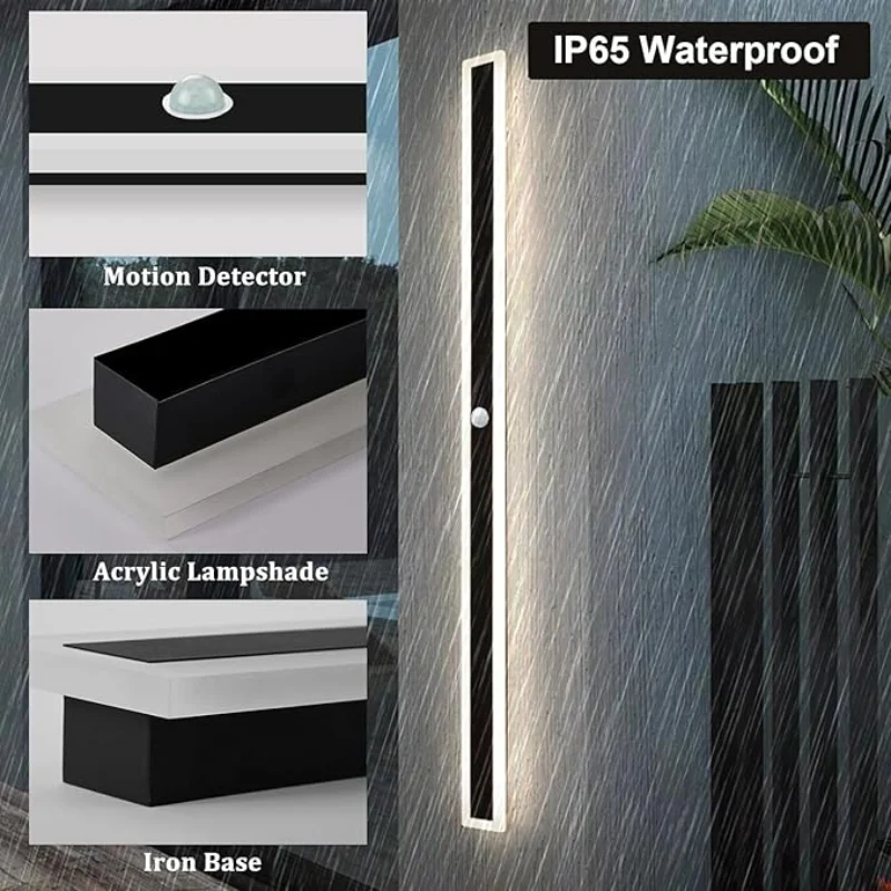 أضواء الجدار في الهواء الطلق مع كاشف حركة وحدة إضاءة LED جداريّة ضوء مقاوم للماء IP65 فيلا الجدار مصباح طويل أنثراسايت معدن مصابيح الحائط الحديثة