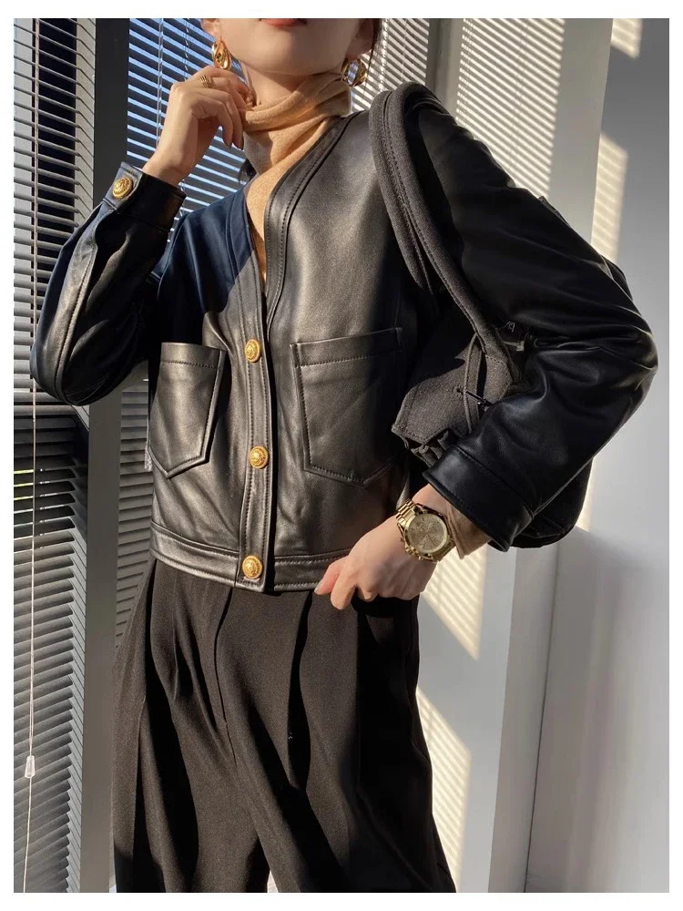 

V-neck Cropped Genuine Leather Jackets for Women Spring Autumn 2026 New High-end Simple Solid Soft Casual Real Sheepskin Coat