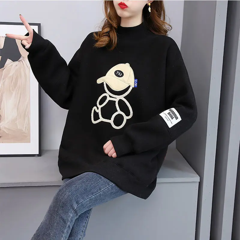 Winter Korean Style Kawaii Cartoon Print Applique Harajuku Fleece Thicken Warm Female Sweatshirt Casual Loose Pullover Top Women