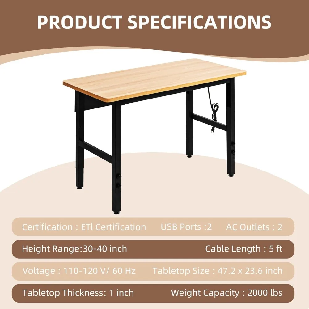منضدة عمل قابلة للتعديل شديدة التحمل مع منافذ طاقة - طاولة من الخشب الصلب بسعة 2000 رطل لورشة المرآب