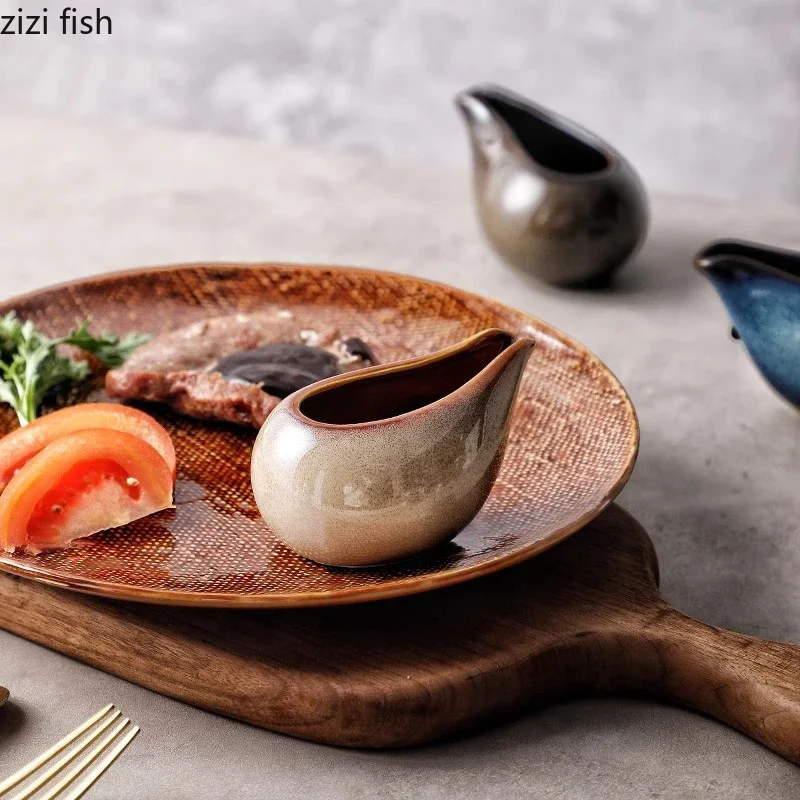 Kiln Changes Ceramic Gravy Boats Steak Sauce Pot Milk Jug Milk Cup Seasoning Pot Water Drop Shaped Retro Restaurant Tableware