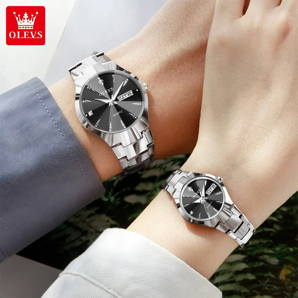OLEVS 8697 Luxury Couple Watch Tungsten Steel Strap Fashion Waterproof Calendar Diamond dial Lover's Quartz Watch for Men Women
