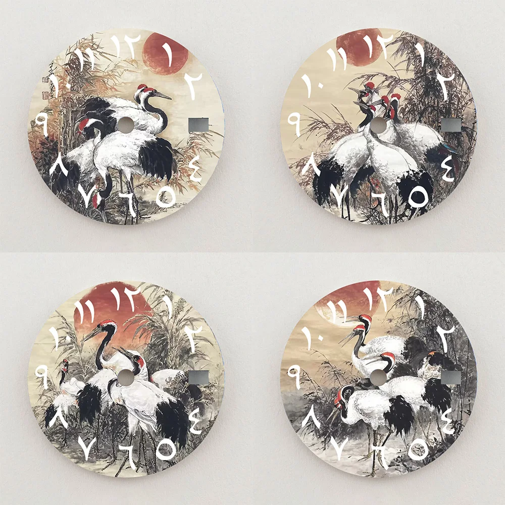 28.5mm Dial NH35 Dial Ink Wash Red-crowned Crane Arabic Numeral Dial Colorful NH36 Dial Watch Accessories Fits NH35/36 Movements
