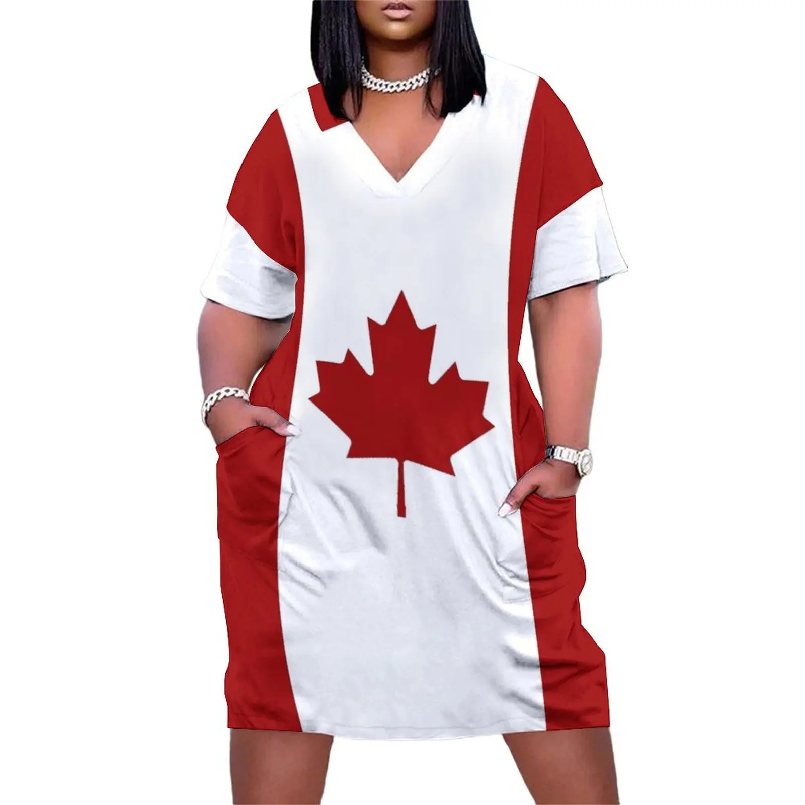 

Canada: Canadian Flag (Red & White) Loose Pocket Dress elegant party dress for women 2025 Women dresses summer