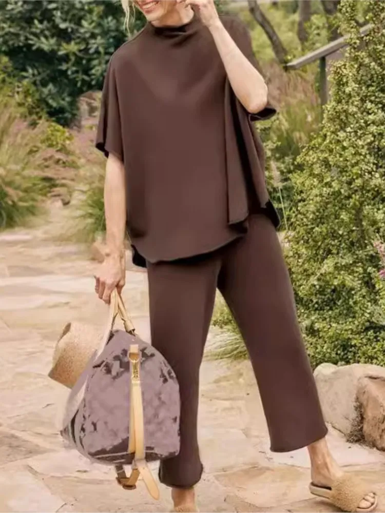 

Casual 2 Piece Sets Solid Color Batwing Sleeves Loose Set Women's Summer Fashion Pullovers Wide leg Pants New Elegant Pants Sets