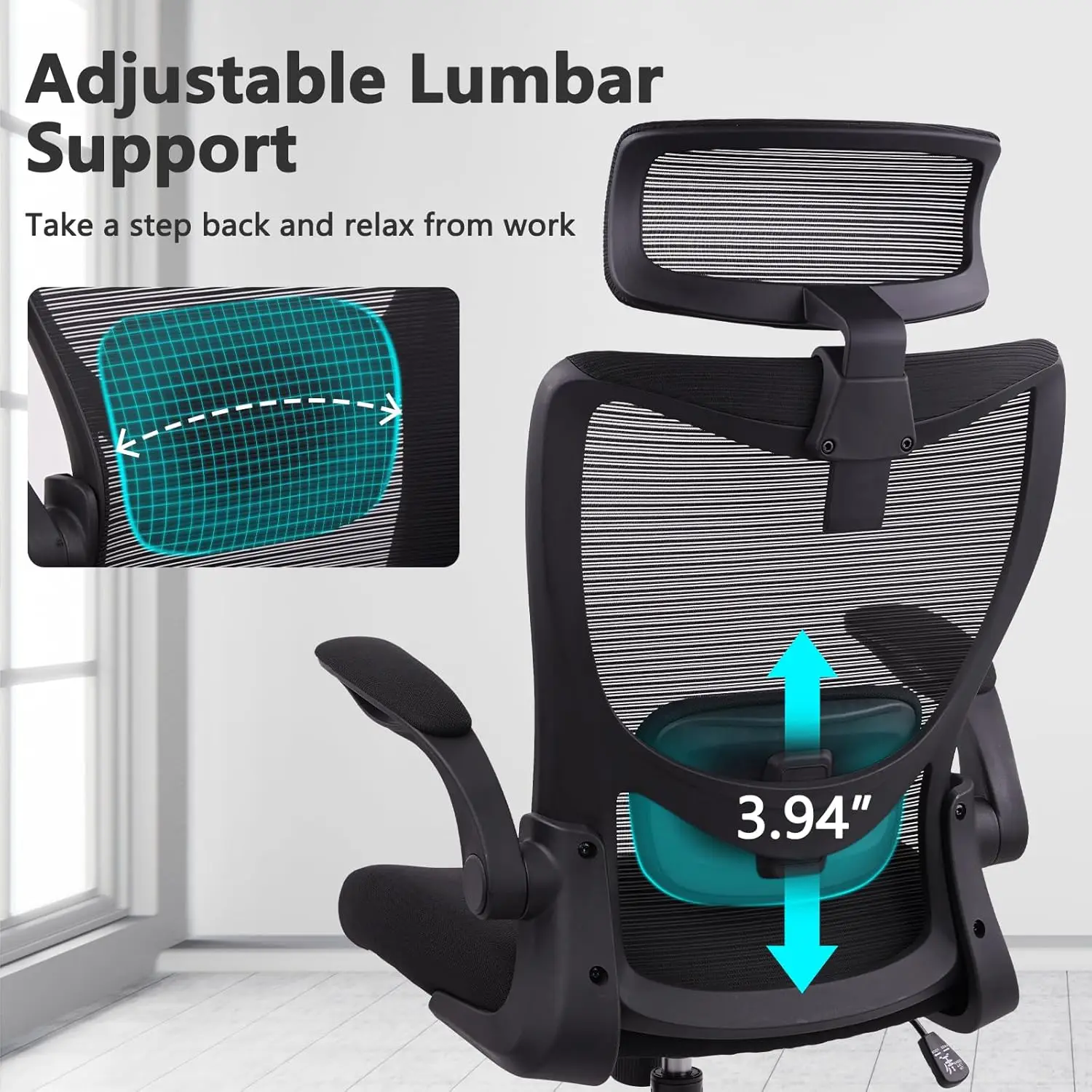 كرسي مكتب شبكي عالي التحمل بوزن 400 رطل، كبير وطويل مع دعم قطني ومسند للرأس، أسود، عبوتان