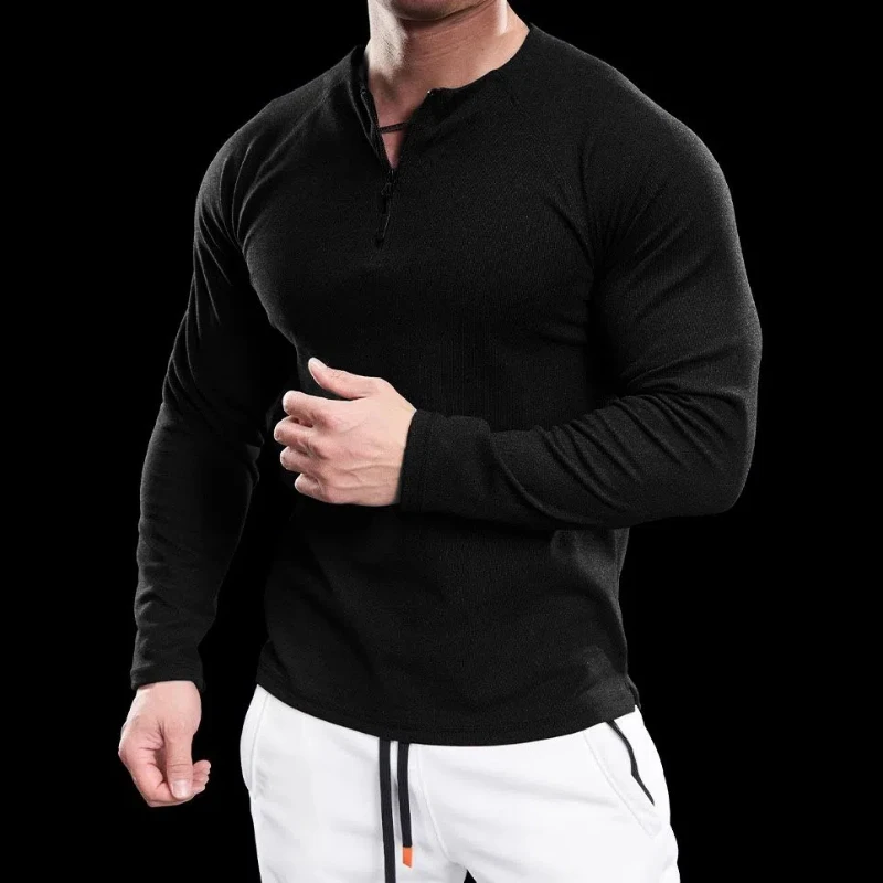 Spring Autumn New Fashion Long Sleeve Round Neck Half Zipper Solid T-Shirts Men's Clothing Button All-match Bottoming Shirt Tops
