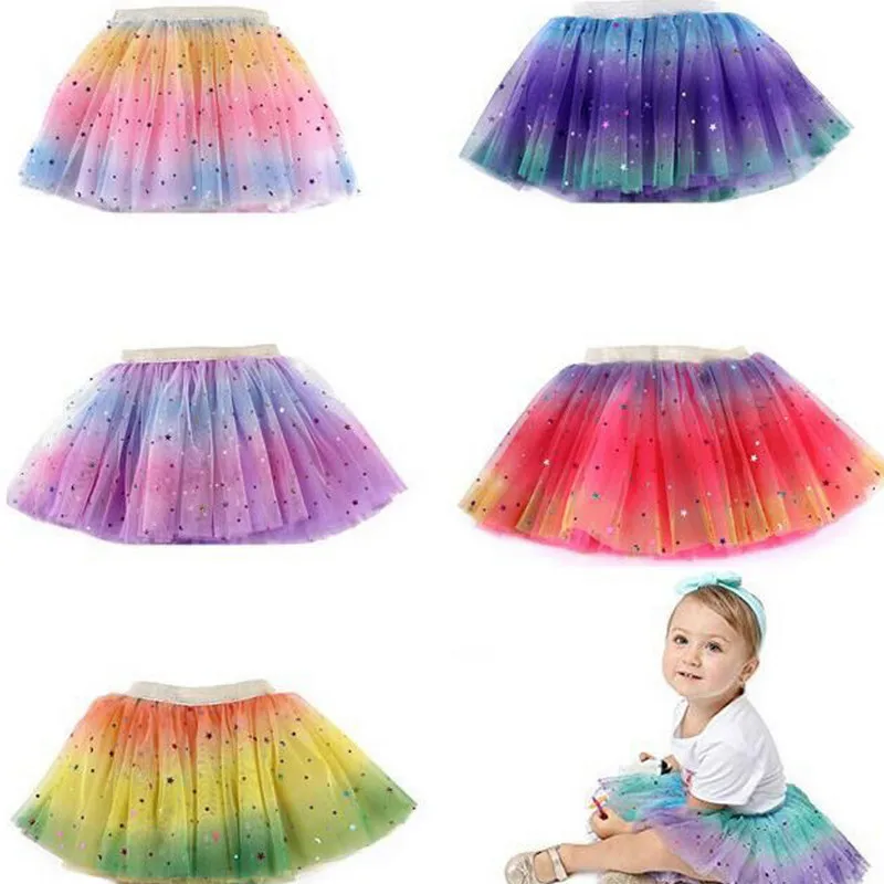 Girls Casual Short Yarn Skirt, Rainbow Assorted Color Multi-layer Elastic Waist Dress, Pink/ Yellow/ Purple/ Light Purple/ Rosy