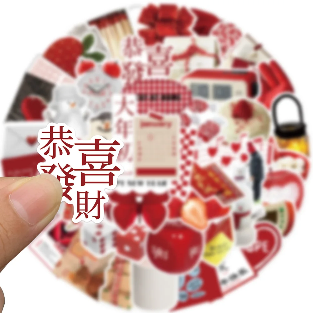 10/30/50PCS Cute Red Style Small Items Happy New Year Stickers Cartoon Decals PVC DIY Laptop Suitcase Notebook Car Kids Toy Gift