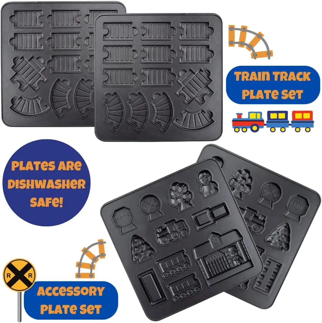 Juego de tren para hacer gofres, construir pistas en forma de gofres o panqueques, estación de señales de coches de carga, desayuno familiar divertido, antiadherente eléctrico