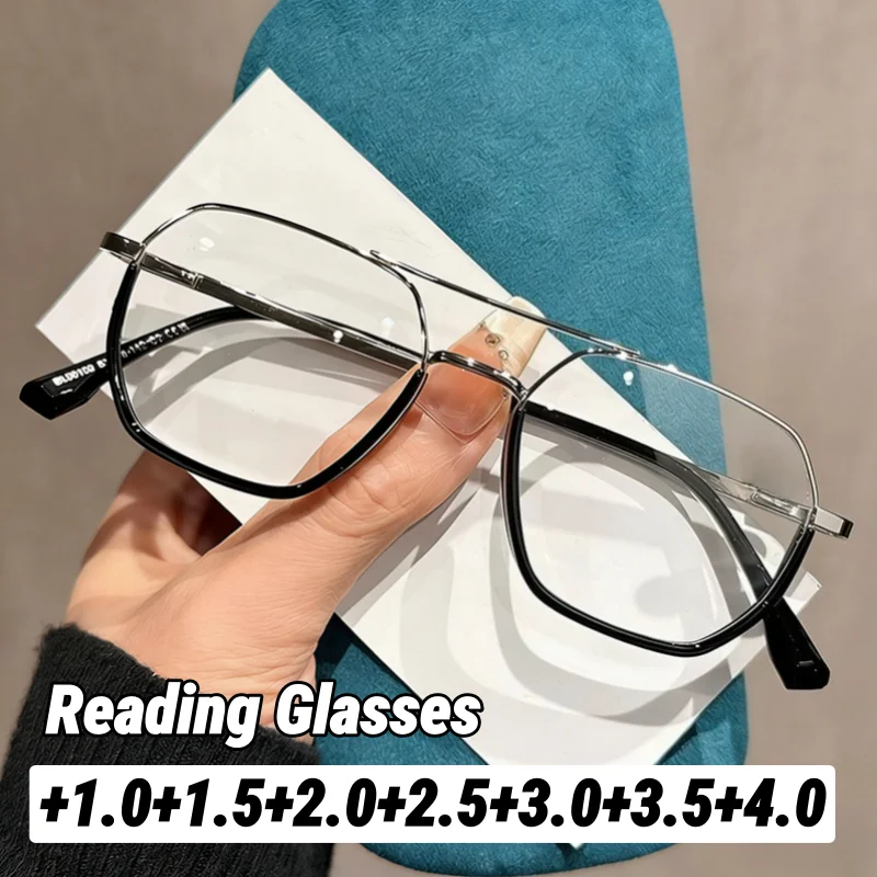 

Metal Double-Bridge Square Frame Presbyopia Glasses Classic Oversized Frame Comfortable Blue Light Blocking Reading Glasses
