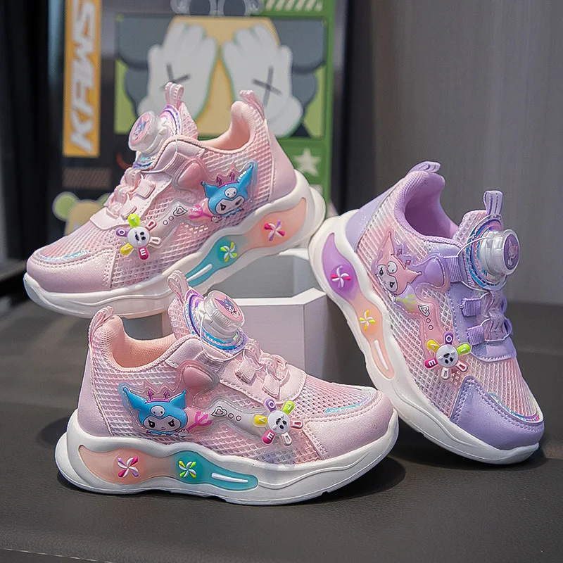 Chidren's Fashion Cartoon Anime Kuromi Sports Shoes Girls Mesh Cute with Windmill Casual Shoes Rotating Button Children Sneakers