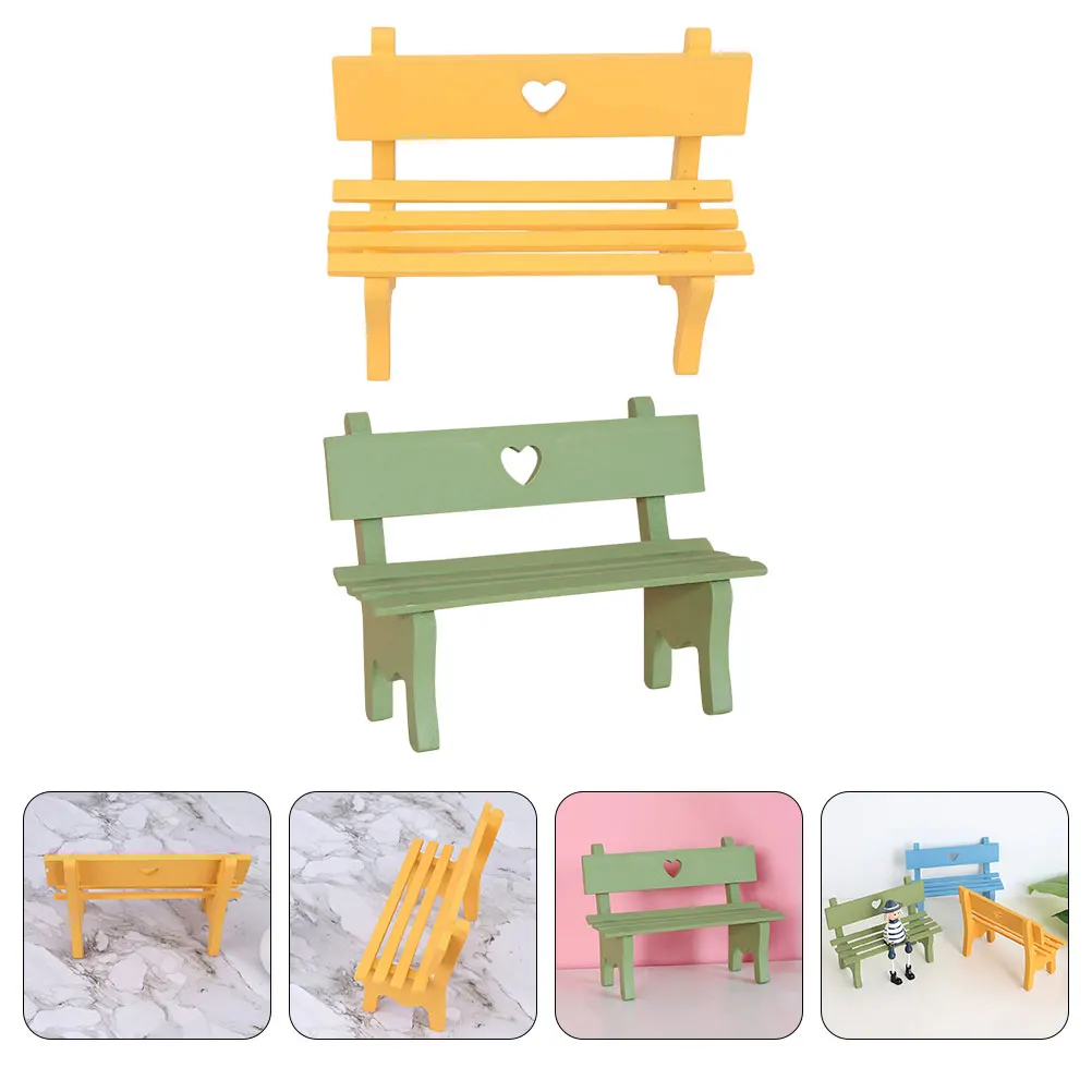 2 Pcs Wooden Ornaments Miniature Garden Accessories Bench Park Tiny house Chair