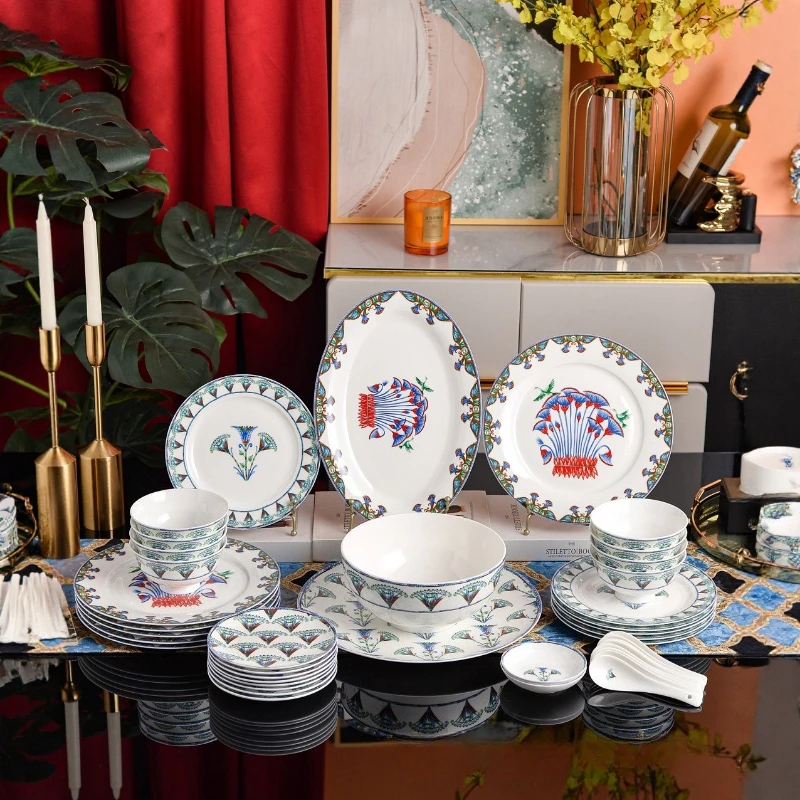 European Light Luxury Blue Lotus Bone China 36-Piece Dinnerware Set Home Kitchen