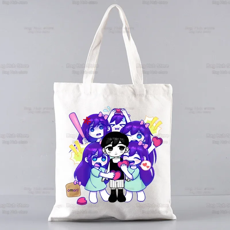 Omori Game Anime Funny Unisex Handbags Custom Canvas Tote Bag Print Daily Use Reusable Travel Casual Shopping Bag