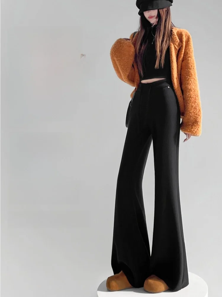 Spodnie damskie z acetatu wełnianego, z wysokim stanem, rozszerzane, zimowe, ocieplane, z podszewką, spodnie typu camera, codzienne spodnie bootcut do ziemi.