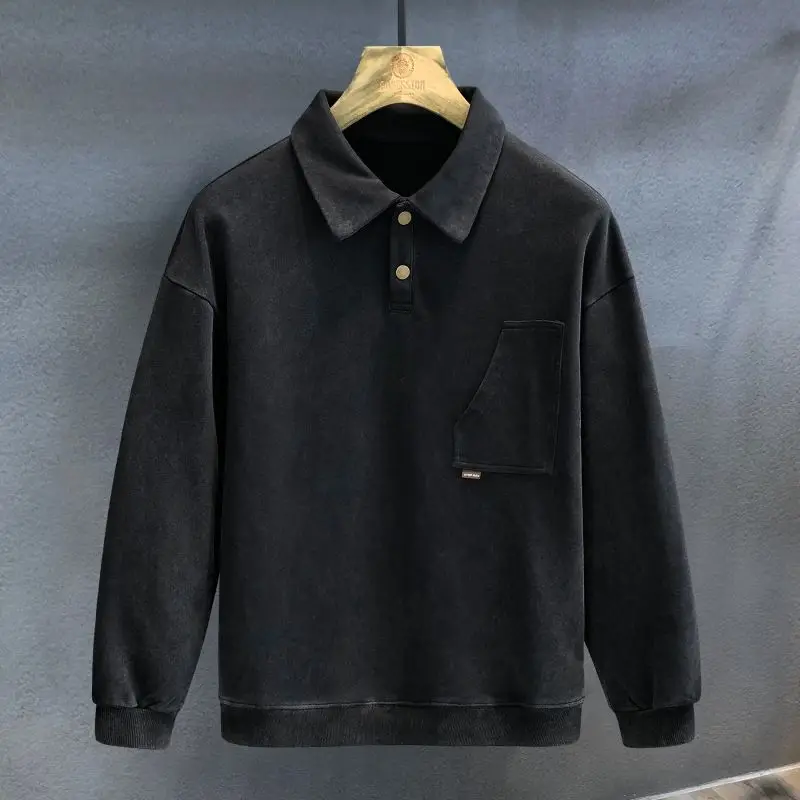 Maglione con collo a Polo retrò lavato resistente Super strutturato autunno da uomo nuova tendenza americana Top da uomo in stile giapponese All-match