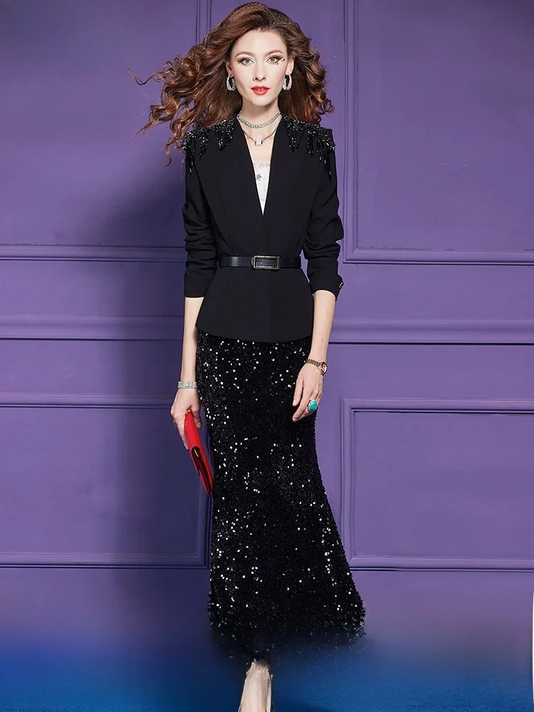 Elegant Black Sequin Suit Set Women's Original Design Autumn High-end Luxury Fish Tail Half Skirt Dress Fashionable Ensemble