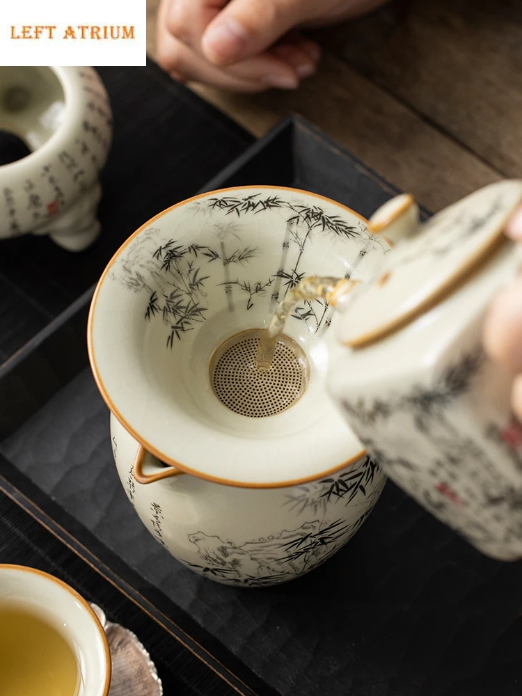 Black Bamboo Ru Kiln  Tea Strainer Set  Tea Infuser Cracked Glaze Tea Separator Infusor Retro Tea Soaking