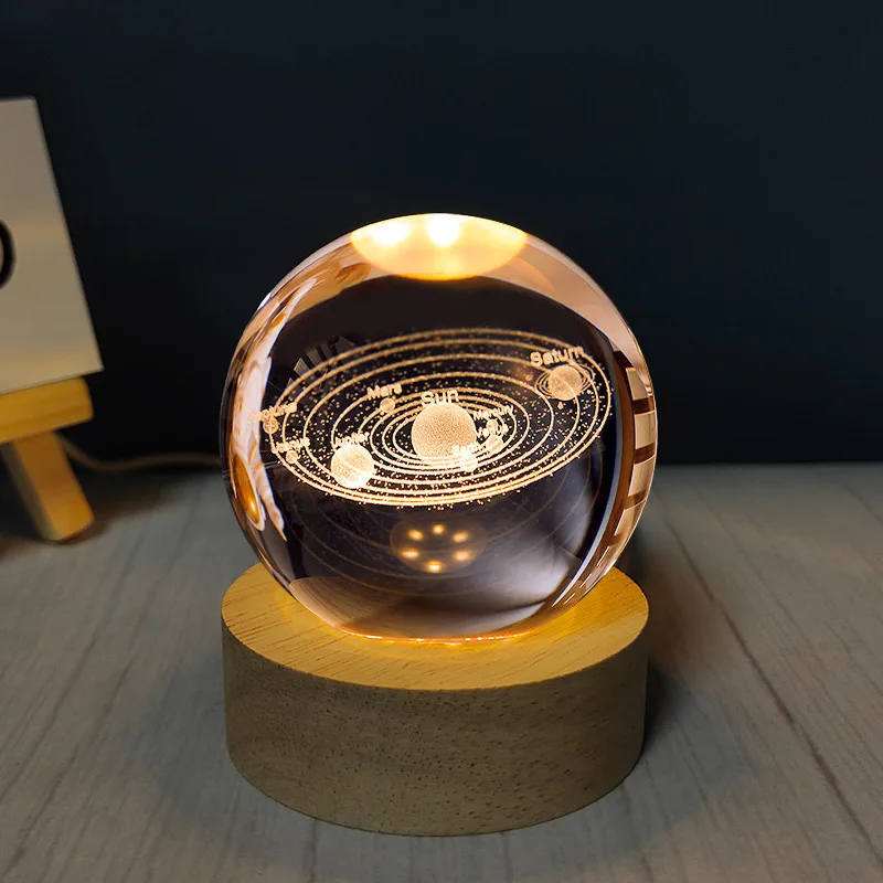 3D Engraved Crystal Ball Night Light LED Lamp Wooden Base Galaxy Moon Saturn Solar System Desktop USB Powered Decorative Ornamen