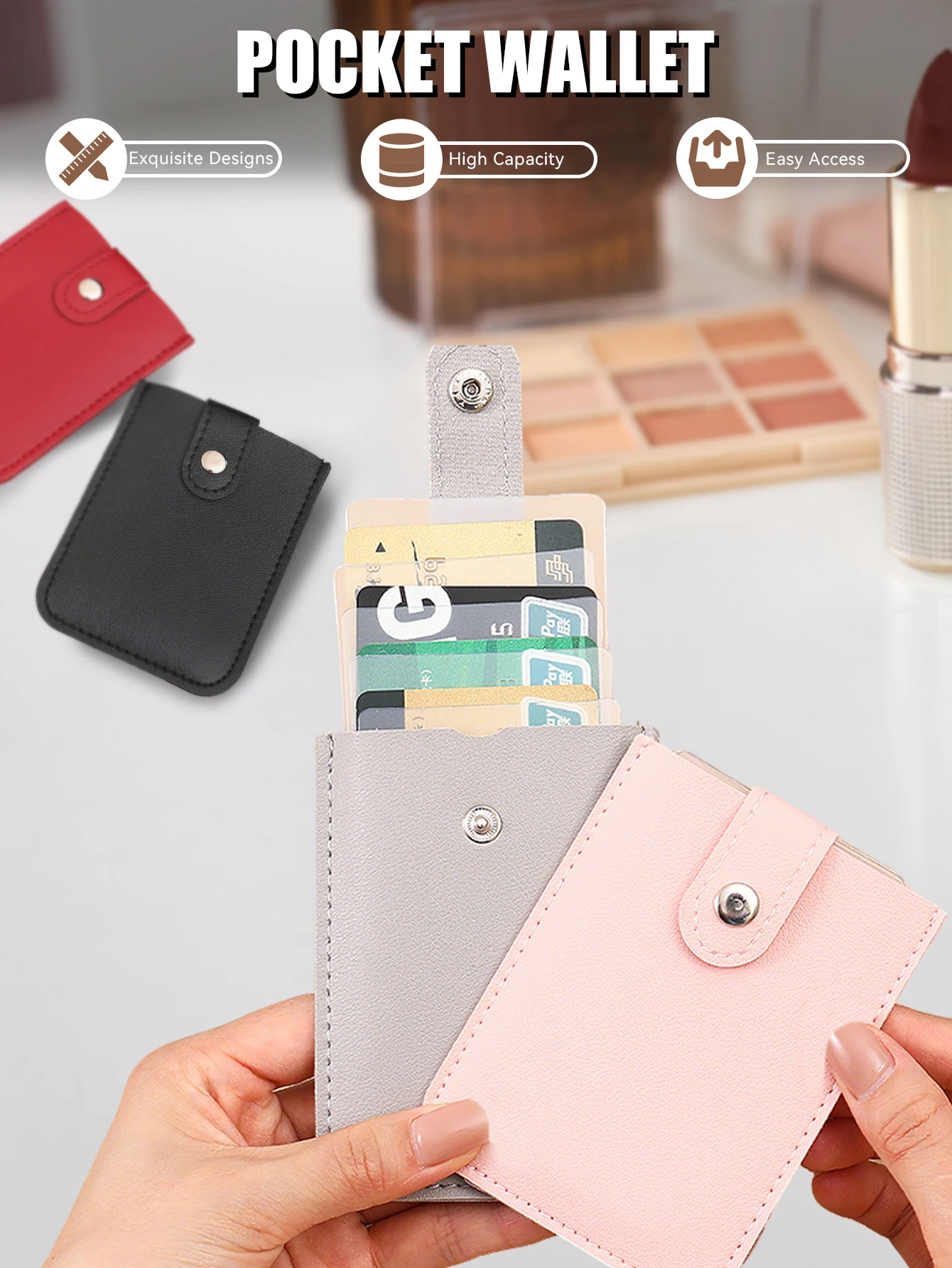 PU Leather Pull‑Out Card Holder Mini Solid Color Card Wallet Snap Button 5 Slots ID Credit Bank Card Case Portable Business Card