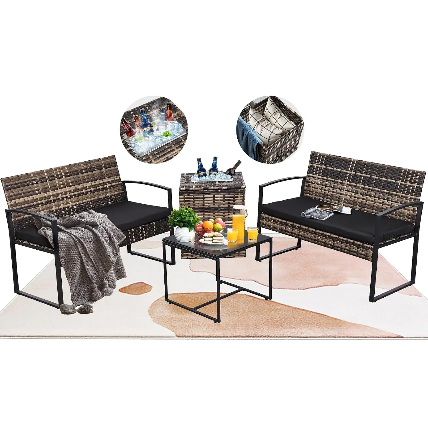 4-Piece Patio Sofa Set w/Built-in Cooler, All-Weather Woven Rattan, Tempered Glass Table, Indoor & Outdoor Use, Customized
