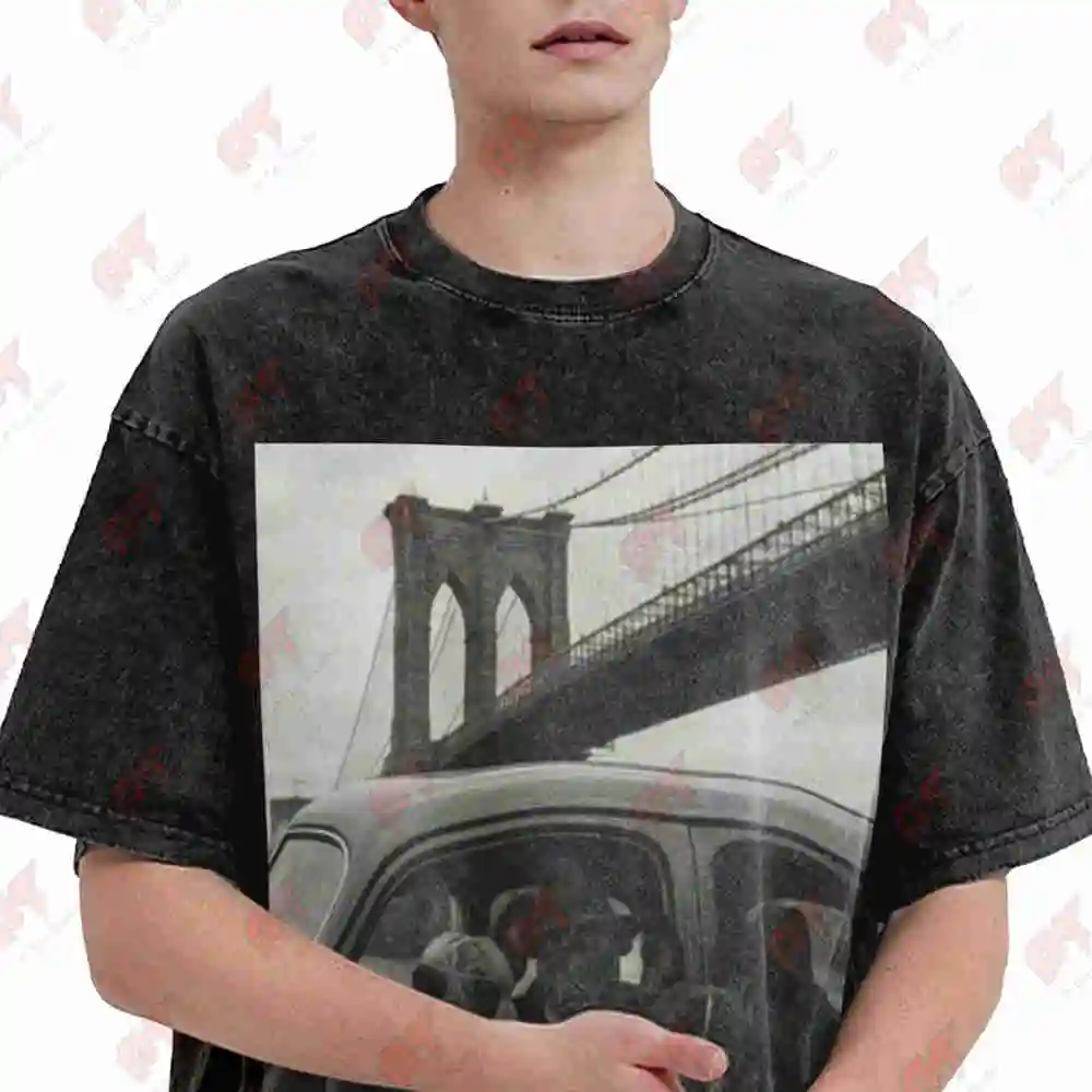 French Bulldog Meme Brooklyn Bridge In Car Vintage Black And White Photo Brainrot Gen Z Memes Vintage Washed Tee Pure Cotton T-S