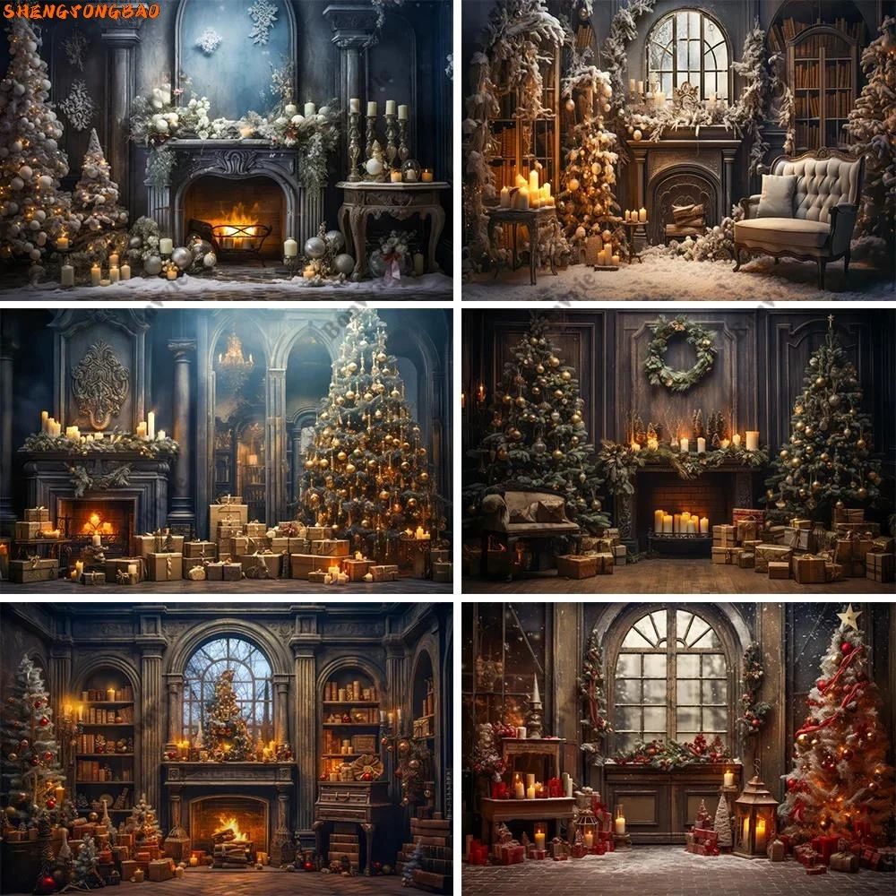 Telones de Fondo Navideños, Árbol de Navidad, Ventana de Madera, Puerta, Decoración para Fiestas Familiares, Fondo para Fotografía, Photocall para Estudio Fotográfico