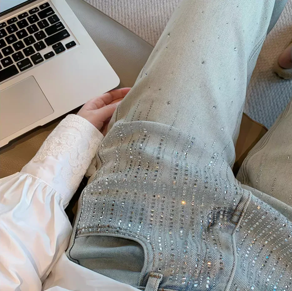 

Y2K светло-голубые джинсы женские со стразами ретро винтажные с высокой талией для похудения прямые широкие брюки весенние повседневные брюки