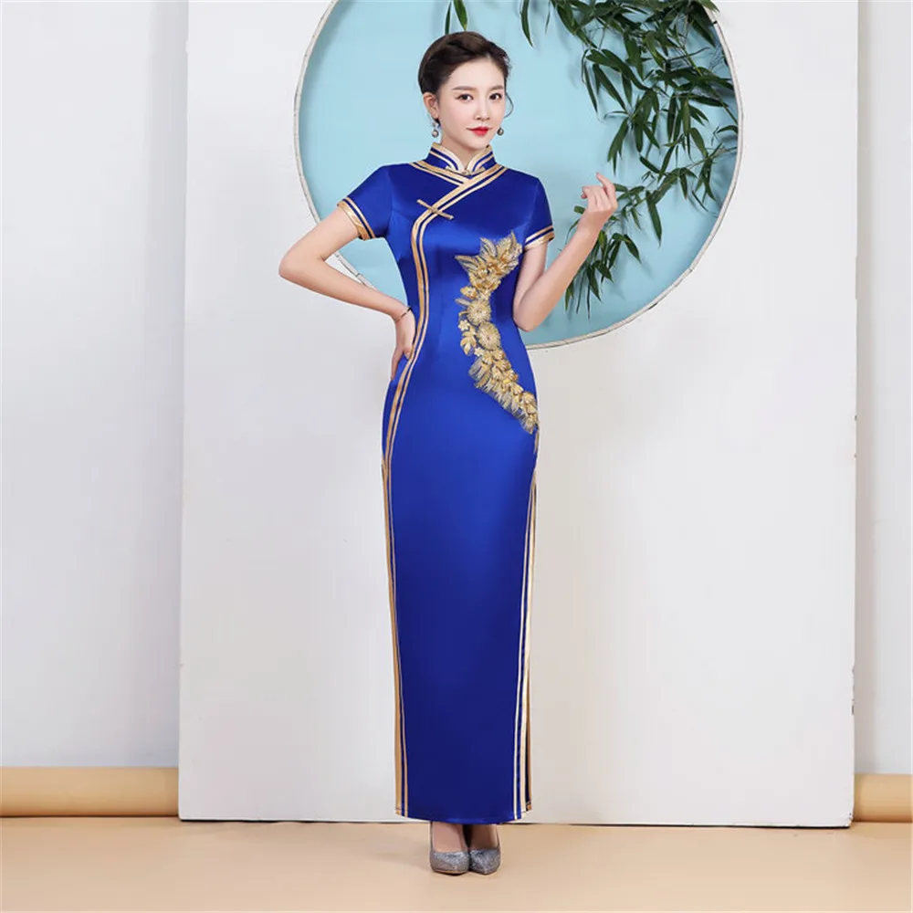 Spring Retro Short Sleeve Applique Satin Qipao Mandarin Collar Handmade Buttons Long Style Cheongsam Chinese Women Dress