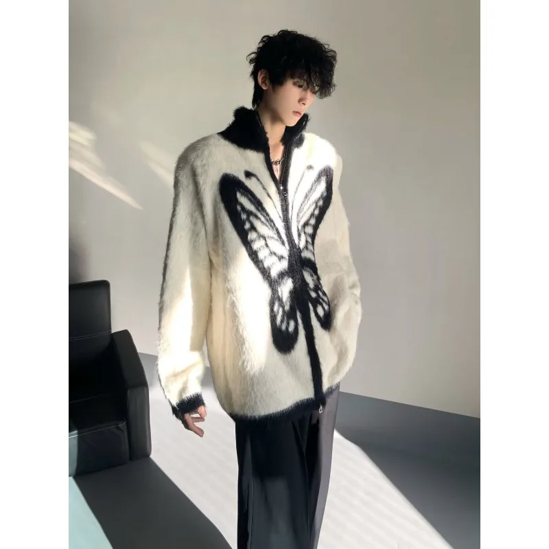 Men's Models Fairy Winter Autumn Tops Coat Sweater Knit Print Butterfly Standing Collar Zipper Retro Leisure Simple Advanced
