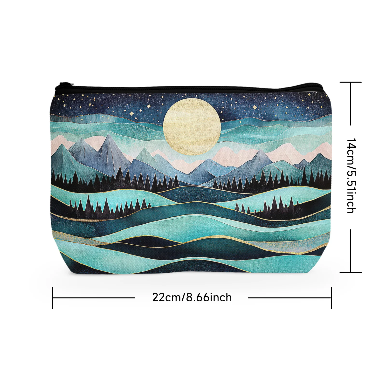 1Pc Modern Minimalist Art Style Cosmetic Bag Moon Wave Woods Mountain Abstract Silhouette Green Cosmetic Bag