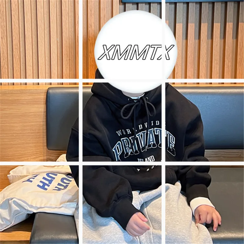 Korean Style Fleece Lined Embroidered Hoodie Loose Fit Overhead Children's Sweatshirt for Boys And Girls Ages 6-14