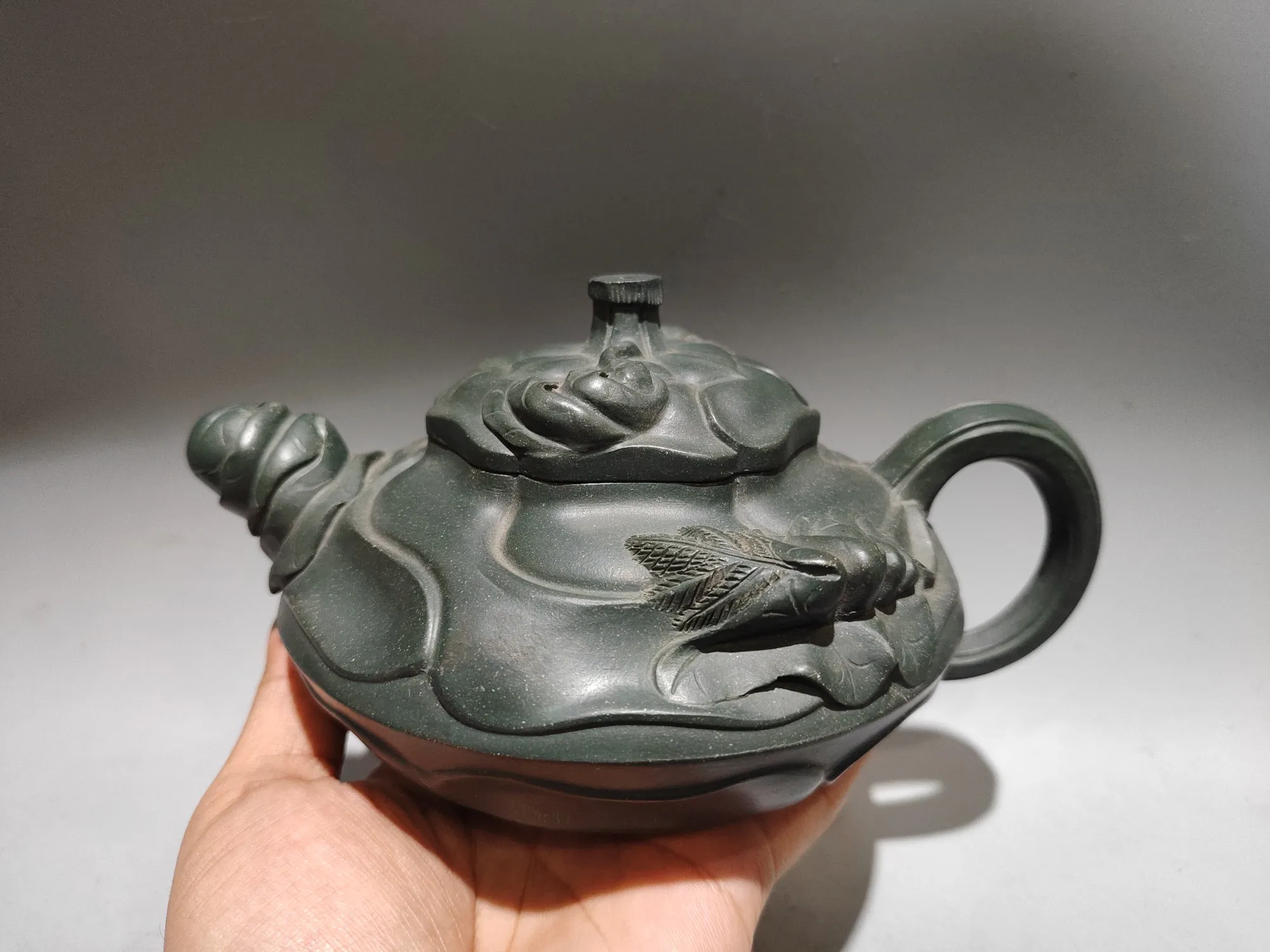 

8"Chinese Yixing Purple Clay Pot Tianqing Mud Wind curled sunflower texture pot Lotus leaf patterned teapot Kettle Teapot