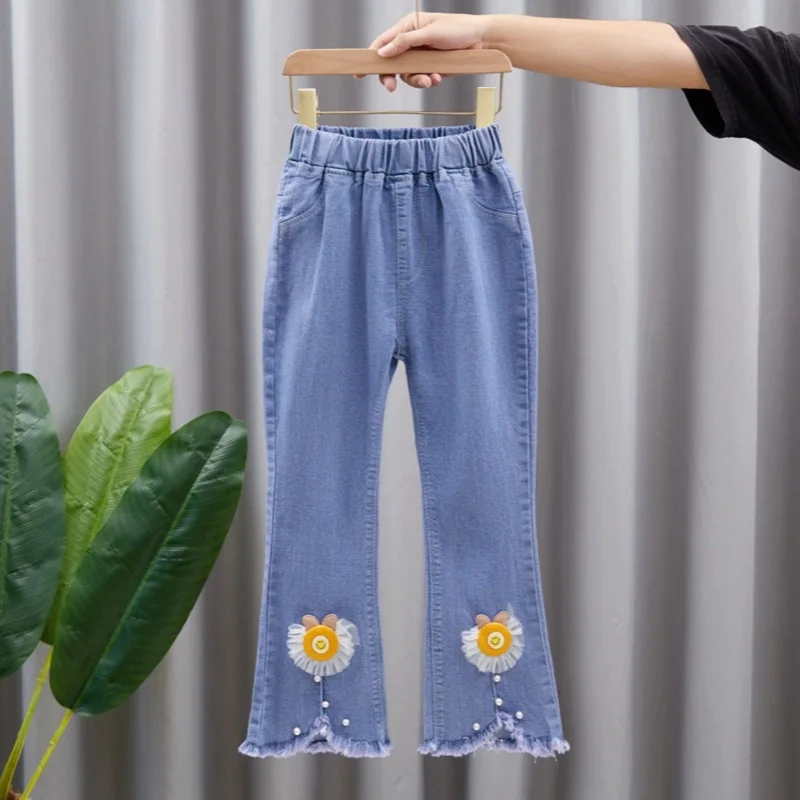 Princess Girls Jeans Children\'s Clothing Pants Teenage Wide Leg Jeans Girl Clothes Flared Jeans Slim Fit For 2 to 12 years Child