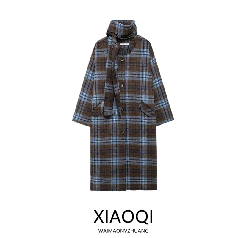 

Autumn Winter Women's Long Sve Woolen Plaid Loose Fit Coat Medium Length Faion Design Versatile Commute Sle Outerwear
