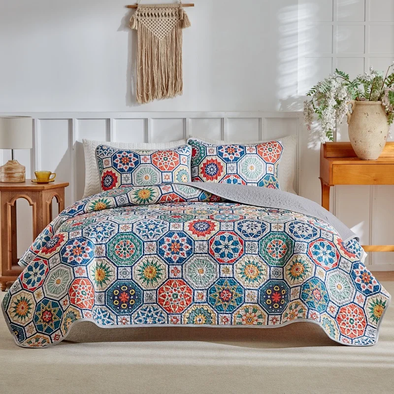 New Quilted Bedspread Set,Soft Microfiber Thick Bed Cover+Pillowcase European Geometric Patchwork Mattress Topper Bed Sheet King