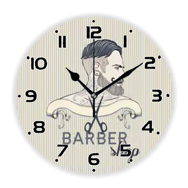 Hipster Barbershop Logo with Barber Pole Wall Clock for Barber Business Decor Hair Stylist Large Wall Watch Gentlemen Salon Gift