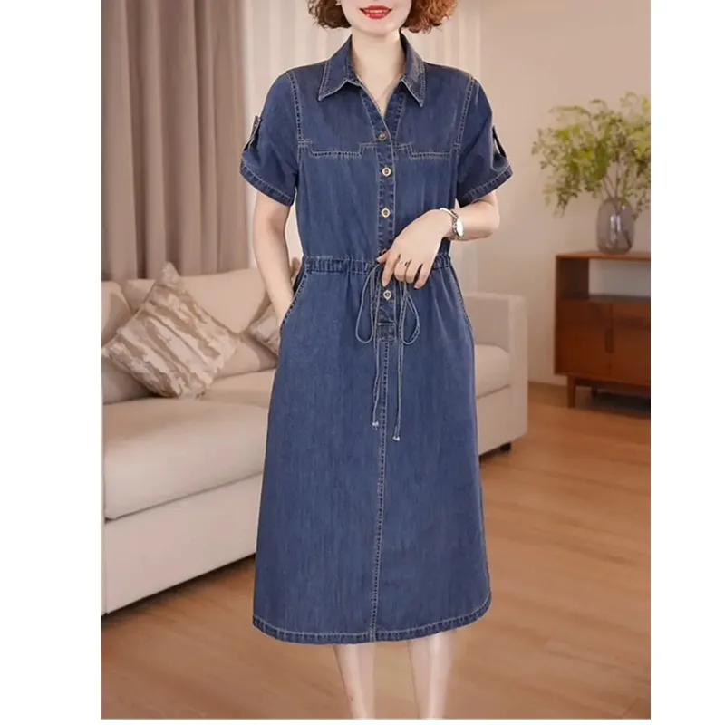 Denim Dress For women Summer 2026 New Female Single Breasted Short sleeved Slim Temperament Casual Dresses With pockets - view 3
