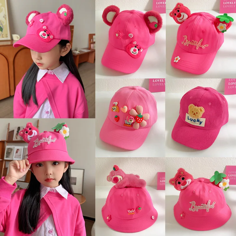 Miniso Lotso Kawaii Pink Baseball Cap Cartoon 3D Bear Fisherman Hat with Ears Children\'s Gift Hat Circumference 50-52Cm