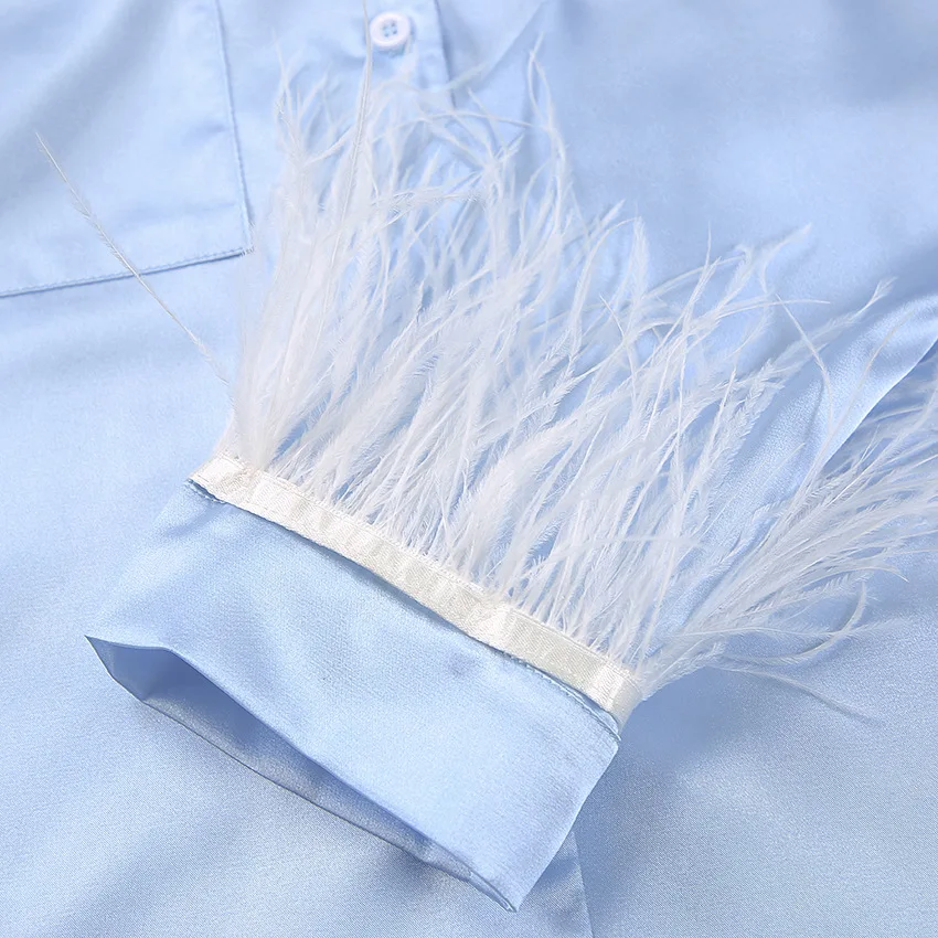 Pajamas For Women 2 Piece Set Feathers Long Sleeve Turn Down Collar Sleepwear Autumn Casual Night Suits With Shorts Satin 2022