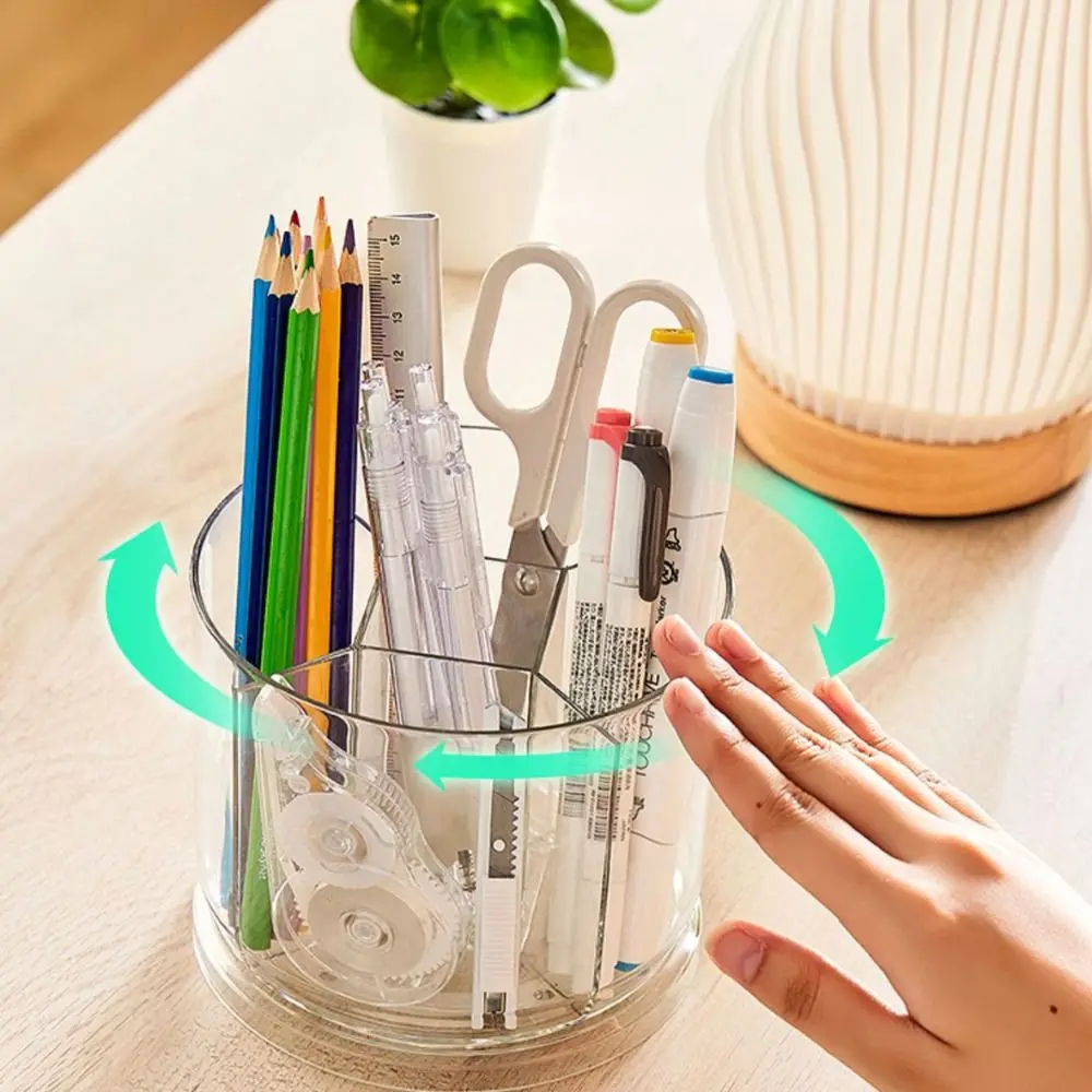 360° Rotation Rotatable Pen Holder 5 Grids Large Capacity Pencil Storage Box Space Saving Transparent Makeup Brush Organizer