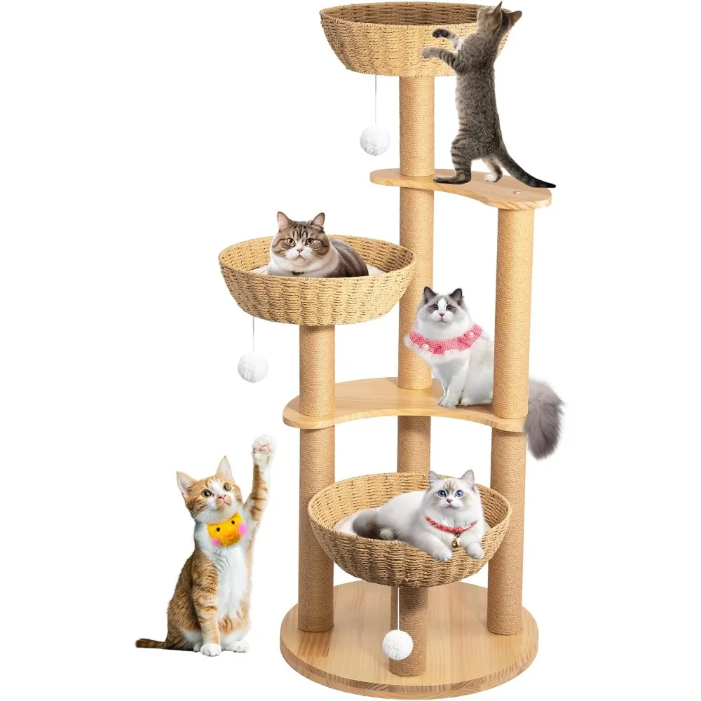 

Modern Tree Tower, Oak Wood Cat Tree for Large Cats with 3 Weaving Cat Nests, Multi-Level Condo with 8 Scratching Posts